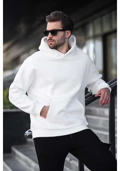 Madmext Ekru Kapüşonlu Kanguru Cep Erkek Sweatshirt E7169 Ekru