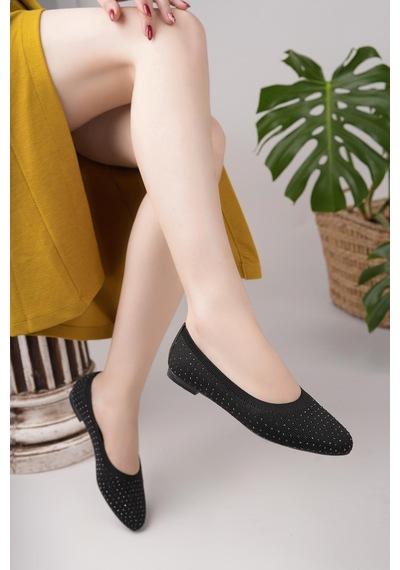 Nesilshoes Nesil Shoes Sdf 243 Siyah Triko Taşlı Kadın Babet