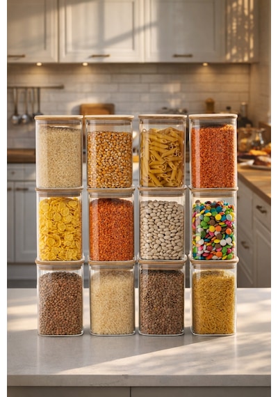 Porsima 6-4 Bambu Vakumlu Kapaklı Kare Borsilikat Cam 12li Kavanoz Seti Saklama Kabı 1250ml 9,5x15cm
