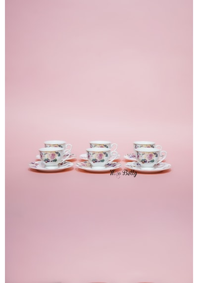 Rose Deluxe New Bone 6 Kişilik Kahve Fincan Takımı Türk Kahvesi Sunum Seti Beyaz - Pembe