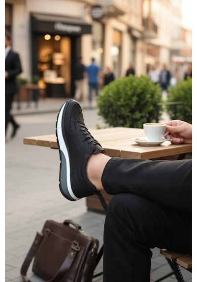 Enoch Hakiki Deri Delik Detaylı Erkek Sneaker Ortopedik Taban Siyah
