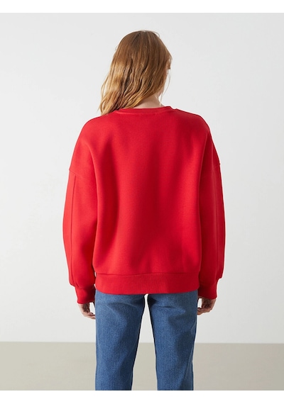 LC Waikiki Bisiklet Yaka Baskılı Oversize Kadın Kalın Sweatshirt Kırmızı
