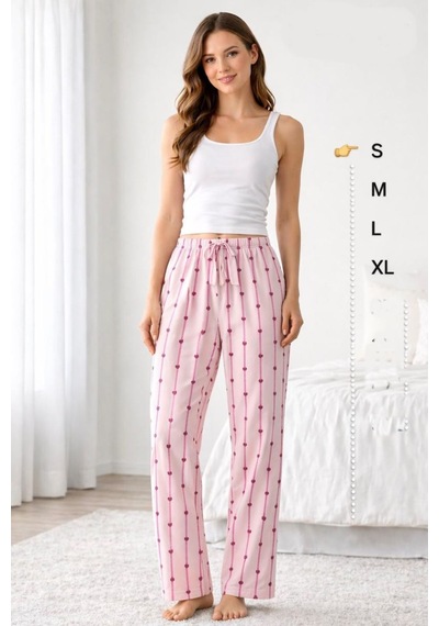 Viskon Pamuklu Kadın Açık Pembe Desenli Pijama Pantolon - Mg007 - Mudanis