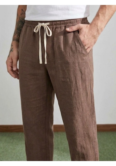 Danger Erkek Baggy Kalıp Beli Lastikli Pamuk Keten Görünümlü Pantolon Kahverengi 1007dngr