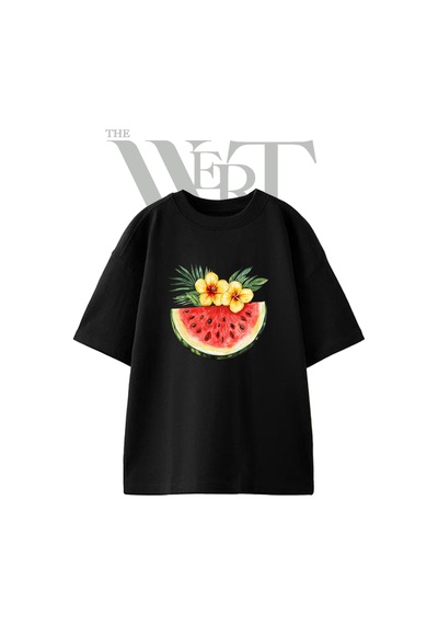 Thewert Karpuz Cicek Tasarım Baskılı Ünisex Siyah Oversize T-shirt
