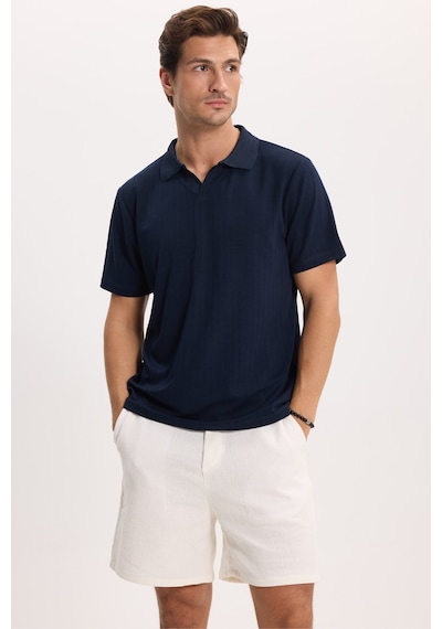 Tudors Erkek Slim Fit Dar Kesim Pamuklu Kısa Kollu Çizgili Lacivert Polo V Yaka Tişört-51125