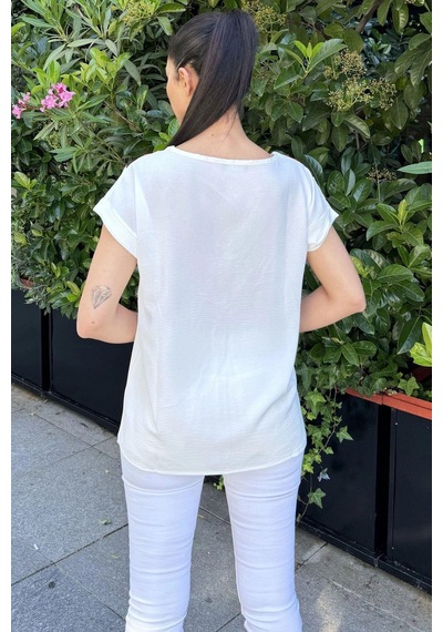 Kadın Ekru V Yaka, Kısa Kol, Color Block Detaylı Salaş Airobin Bluz Ekru