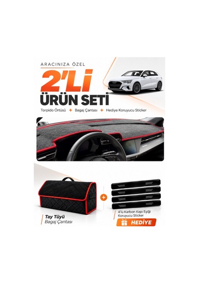 E-biz Audi A3 2020-2026 Uyumlu Torpido Örtüsü + Tay Tüyü Bagaj Çantası - Siyah-kırmızı - Au008