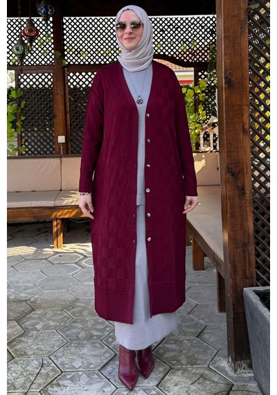 Rabia Şamlı Dama Desenli Triko Hırka Bordo Çok Renkli