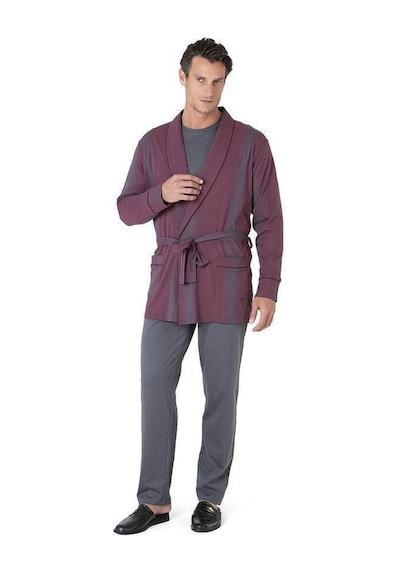 Pierre Cardin 3'lü Çizgili Robdöşambır Penye Pijama Takım Kutulu Damat Çeyiz Seti Bordo