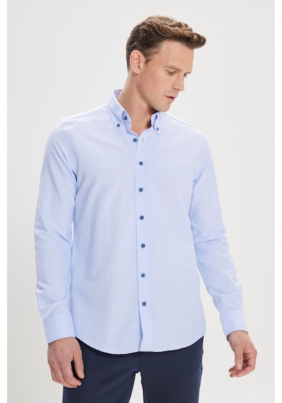 Ac&co Erkek Acık Mavı Slim Fit Dar Kesim Düğmeli Yaka Pamuklu Oxford Gömlek