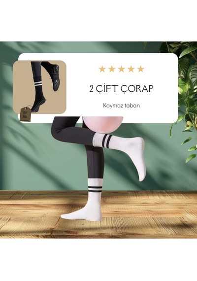 Enefendi 2 Çift Yoga Pilates Çorabı Kadın Kaymaz Silikon Taban Pamuklu Soket Tenis Çorap Havlulu Siyah Beyaz. Gri