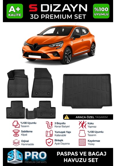 S-dizayn Renault Clio 5 3d Pro Havuzlu Paspas Ve Bagaj Havuzu Seti 2'li Set 2019-2026 A+ Kalite