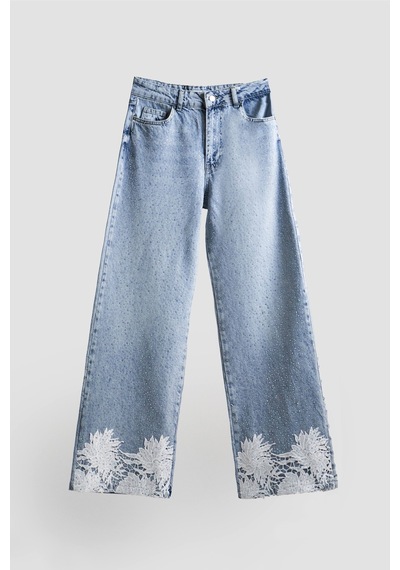 it's basic Kadın Snow Kot Rengi 4s5-3 Parlak Taşlı Dantelli Orta Bel %100 Koton Tasarım Denim Jean Kot Mavi