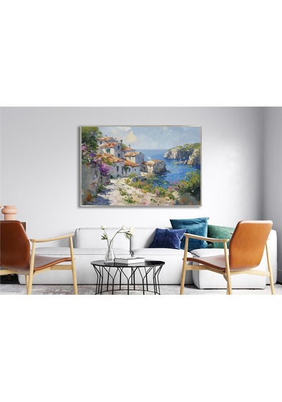Yağlı Boya Dokulu Tablo Modern Spatula Akdeniz Evleri Manzarası Gümüş Çerçeveli U06040-179005
