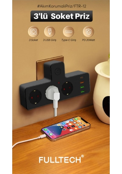 Termal Akım Korumalı Isıya Dayanıklı 3'lü Priz 3x Usb 1x Type-c