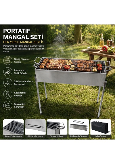 Paslanmaz Mangal Portatif Ayaklı - Standlı 70cm Çok Renkli