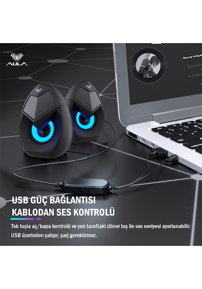Aula N-69 2 3w Rgb Led Işıklı Masaüstü Oyuncu Laptop Pc Bilgisayar Hoparlörü