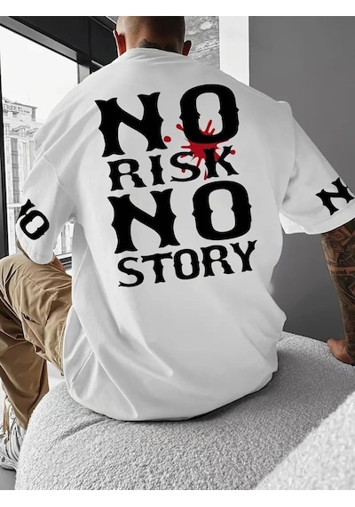 Erkek T-shirt No Risk No Story Baskılı Bisiklet Yaka Tişört - Beyaz