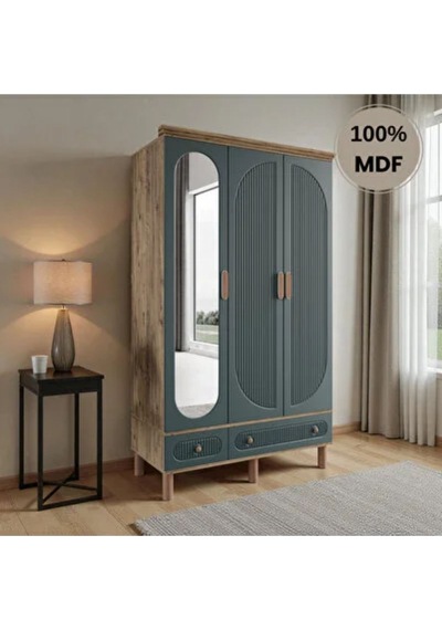Comiet Sally 3 Kapaklı Aynalı Çekmeceli Mdf Gardırop Yeşil