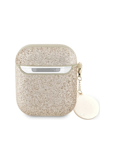 Apple Uyumlu AirPods Kılıf Guess Lisanslı Glitter Elmas Kalp Süs Zincirli Gold