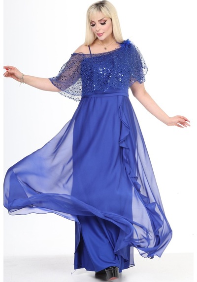 Ladies First Büyük Beden 3858 Saks Uzun Abiye Elbise 001