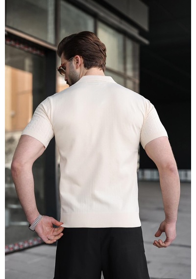 Madmext Taş Rengi Slim Fit Polo Yaka Triko Erkek Tişört E7472 Taş Rengi