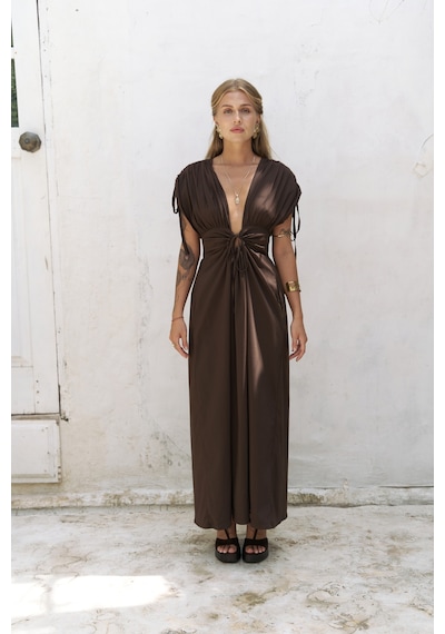 Mai Collection Mai Studios Co. Manarola Büzgü Detay Kahve Uzun Elbise Kahve