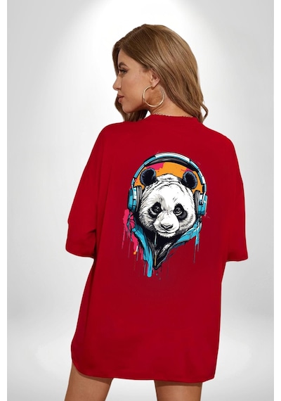 Kulaklık Ayı Panda Kırmızı Oversize Unisex Ön Ve Sırt Baskılı Tişört Kırmızı