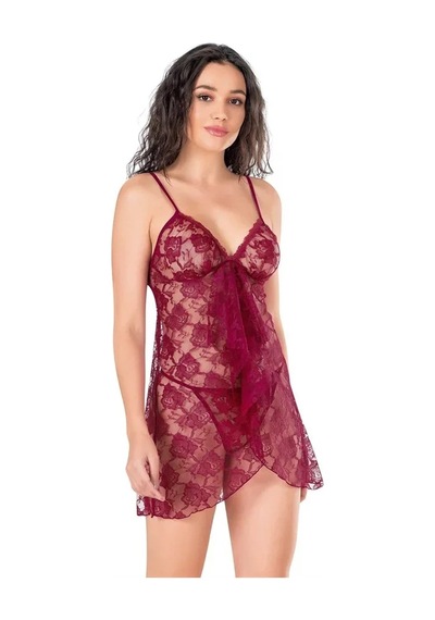Ang Butik Kadın Dantel İşlemeli Bordo Kısa Tül Gecelik