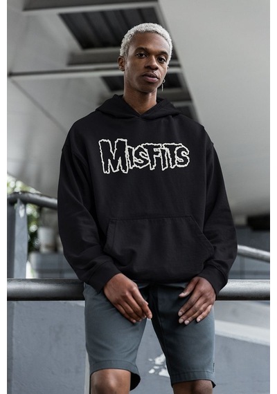 Sevbano Misfits Müzik Grubu Baskılı Unisex Oversize Rock Metal Hoodie Siyah
