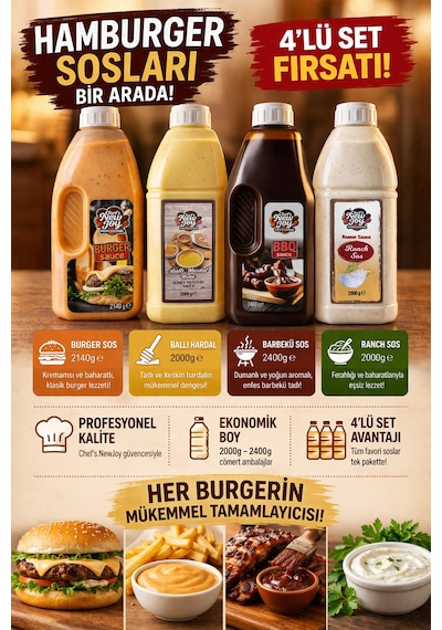 4'lü Gurme Hamburger Sos Seti Ranch-barbekü-ballı Hardal-burger Sos Fast Food Efsane Paket