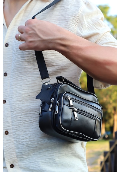 Jack Tonio Erkek Ayarlanabilir Askılı Fermuarlı Kasalı Deri El Çantası ve Omuz Siyah