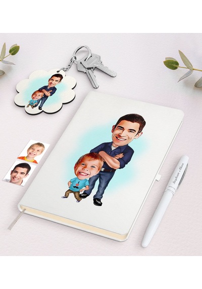 Kişiye Özel Baba Oğul Karikatürlü Beyaz Defter Kalem Ve Anahtarlı N11.16115