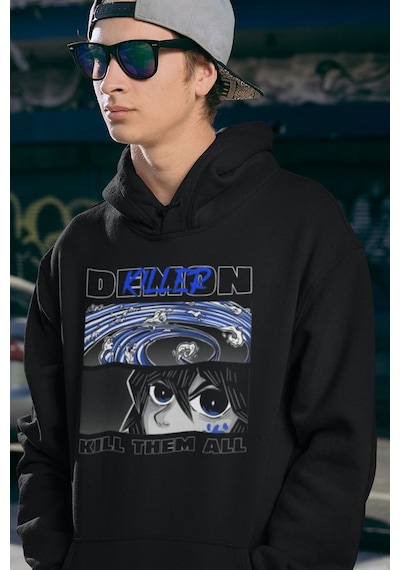 Demon Killer Baskılı Unisex Oversize Kill Them All Anime Hoodie Siyah