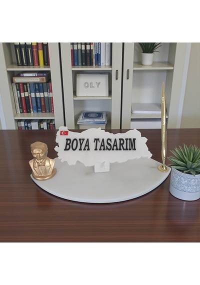 Doğal Beyaz Mermer Masa Ofis İsimlik Kalem Ve Atatürk'lü