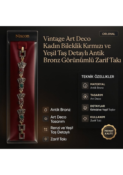 Vintage Art Deco Kadın Bileklik Kırmızı Ve Yeşil Taş Detaylı Antik Bronz Görünümlü Zarif Takı