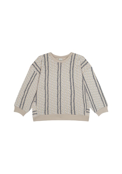 Antebies Organik Bej Lacivert Dikey Çiçek Desenli Uzun Kollu Manşetli Kız Çocuk Sweatshirt Krem