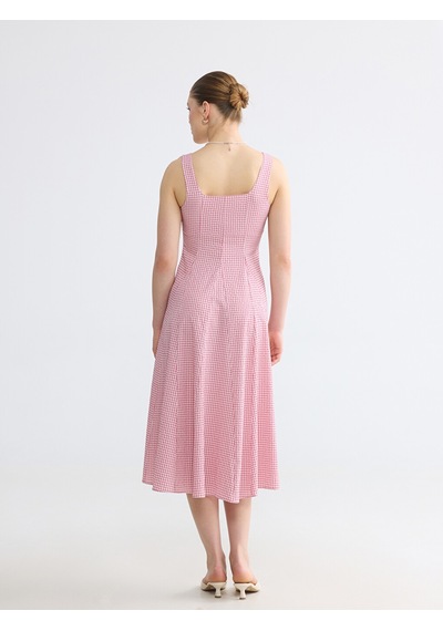 Lcw Comfort Pembe Kare Yaka Ekose Belden Oturtmalı Elbise
