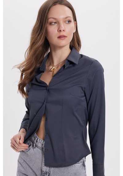 Tudors Kadın Slim Fit Dar Kesim Klasik Yaka Uzun Kollu Antrasit Gömlek-40358 Antrasit