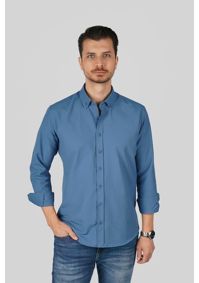 İndigo Yaka Düğmeli Premium Şamre Slimfit Erkek Gömlek Indigo