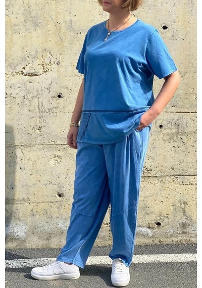 Mia Butik Büyük Beden Selenay Mavi Keten Takım Mavi