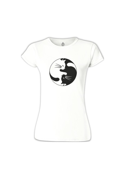 Yin Yang - Kedi Beyaz Kadın Tshirt 001