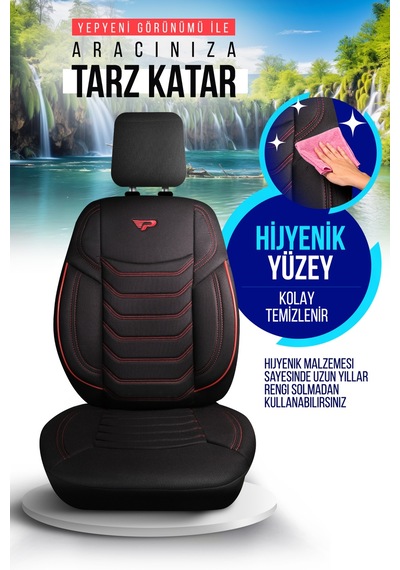 Siyah - Kırmızı Panda Manavgat Serısı Lakos Kumaş Oto Koltuk Kılıfı - Tam Set