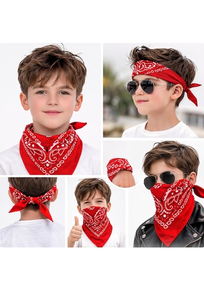 Kırmızı Kovboy Fuları Çocuk Bandana Western Desenli Boyun Fuları