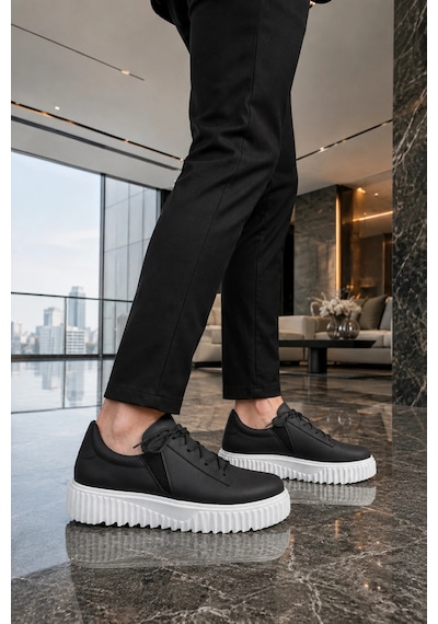 Mevese Dlob Erkek Bağcıklı Cilt Günlük Casual Spor Sneaker Ayakkabı - Siyah Beyaz