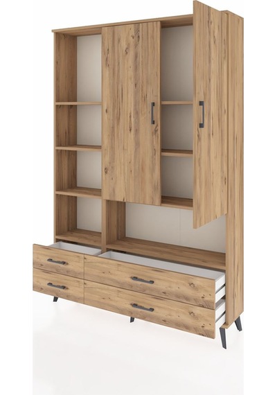 Arges Dolap 8 Raflı 4 Çekmeceli 2 Kapaklı 132x30x195 Çam-çam/çam Çam