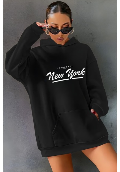 Startmore New York Baskılı Kapişonlu Sweatshırt Siyah