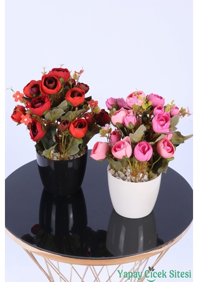 Yapay Çiçek Sitesi Plastik Saksıda Yapay Ranunkulus Tanzimi 2'li Set 30 Cm Kırmızı - Pembe
