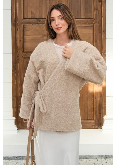 Olcay Önü Bağlamalı Buklet Kimono Ceket Taş 8265